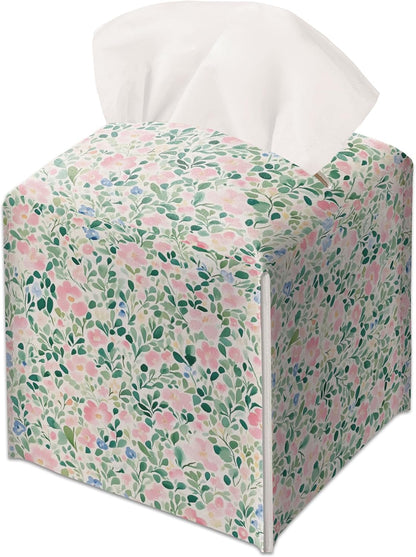 Modern Square Leather Tissue Box Cover/Case Holder Gifts for Women Family and Friends, Decorative Holder/Organizer for Bathroom Kitchen Nightstand Office Home (Pink Pastel Floral)