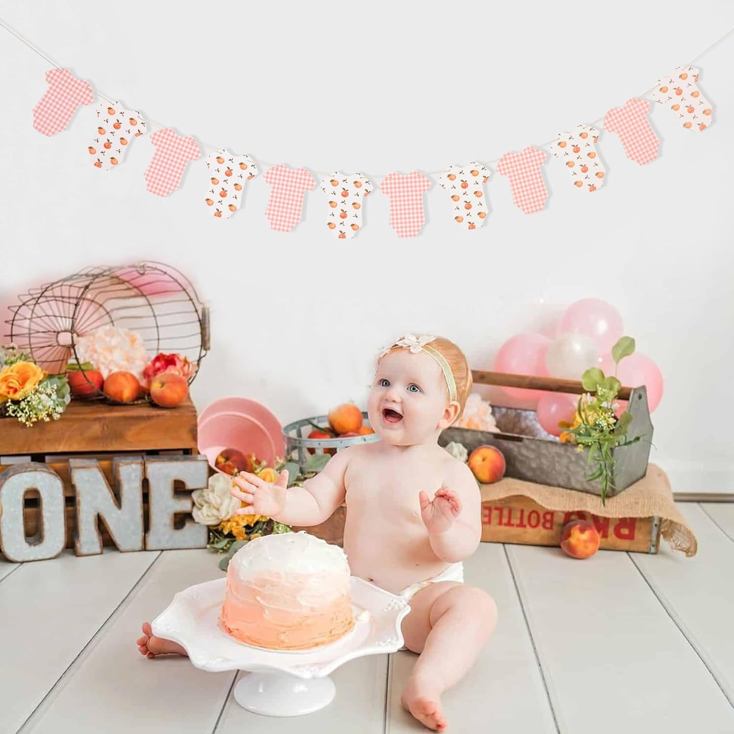 Peach Baby Shower Bodysuit Banner - Peach Party Birthday Decor,Girl Fruit Baby Shower Banner,Pink Gingham Party garland(peach)