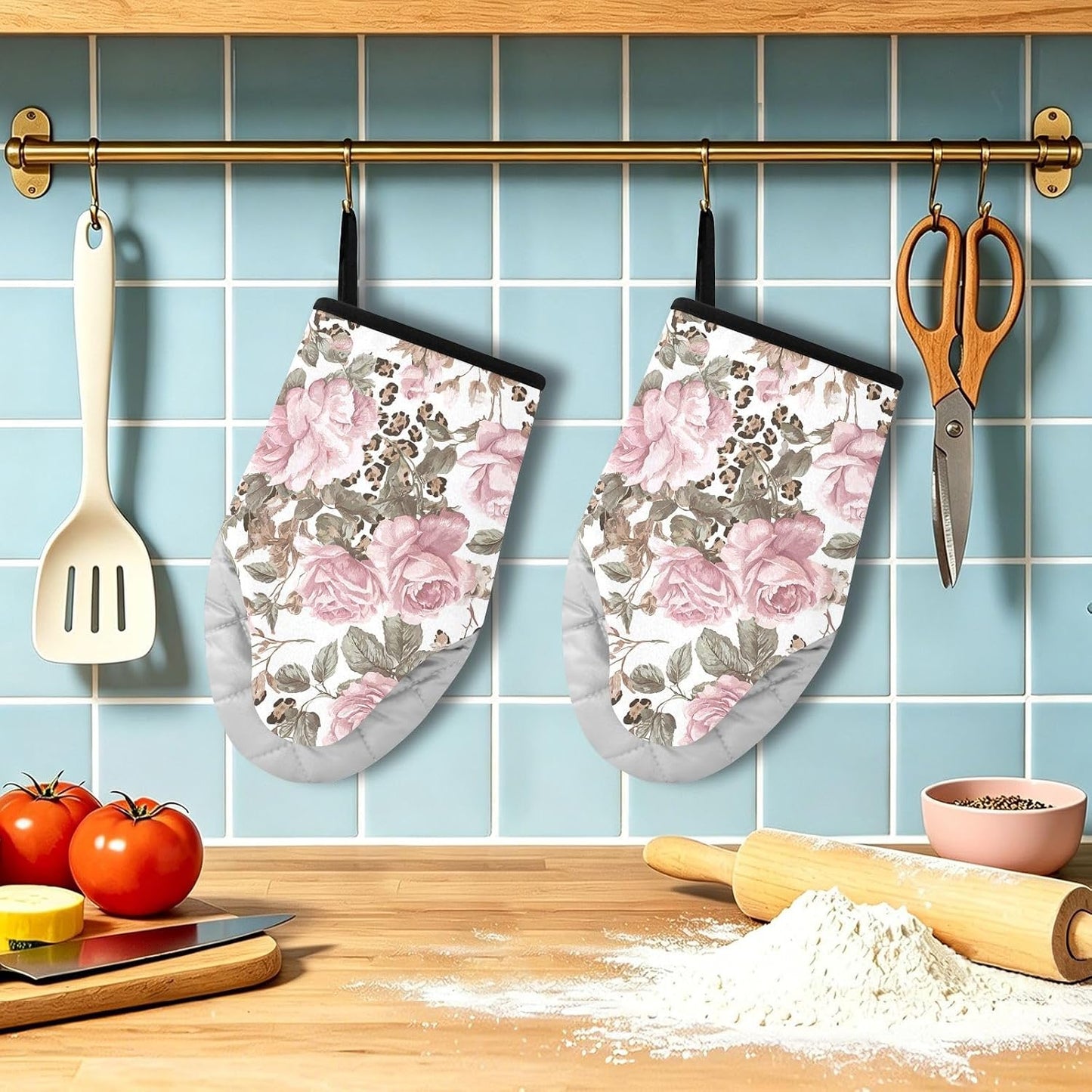 Oven Mitt 2 Pack Set Leopard Print Pink Rose Kitchen Mitts Gloves for for Cooking Baking Grilling
