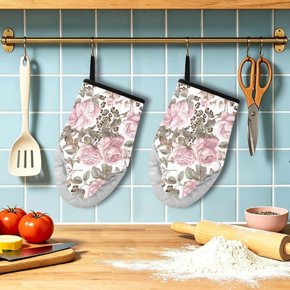 Oven Mitt 2 Pack Set Leopard Print Pink Rose Kitchen Mitts Gloves for for Cooking Baking Grilling
