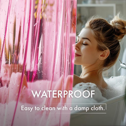 AmazerBath No Hook Shower Curtain and Liner 3-in-1, 8G Luxury Heavy Duty Clear Hot Pink No Hook Shower Curtain Liner, 72x75 Cute EVA Bathroom Weighted Plastic Shower Curtain with 3 Heavyweight Stones