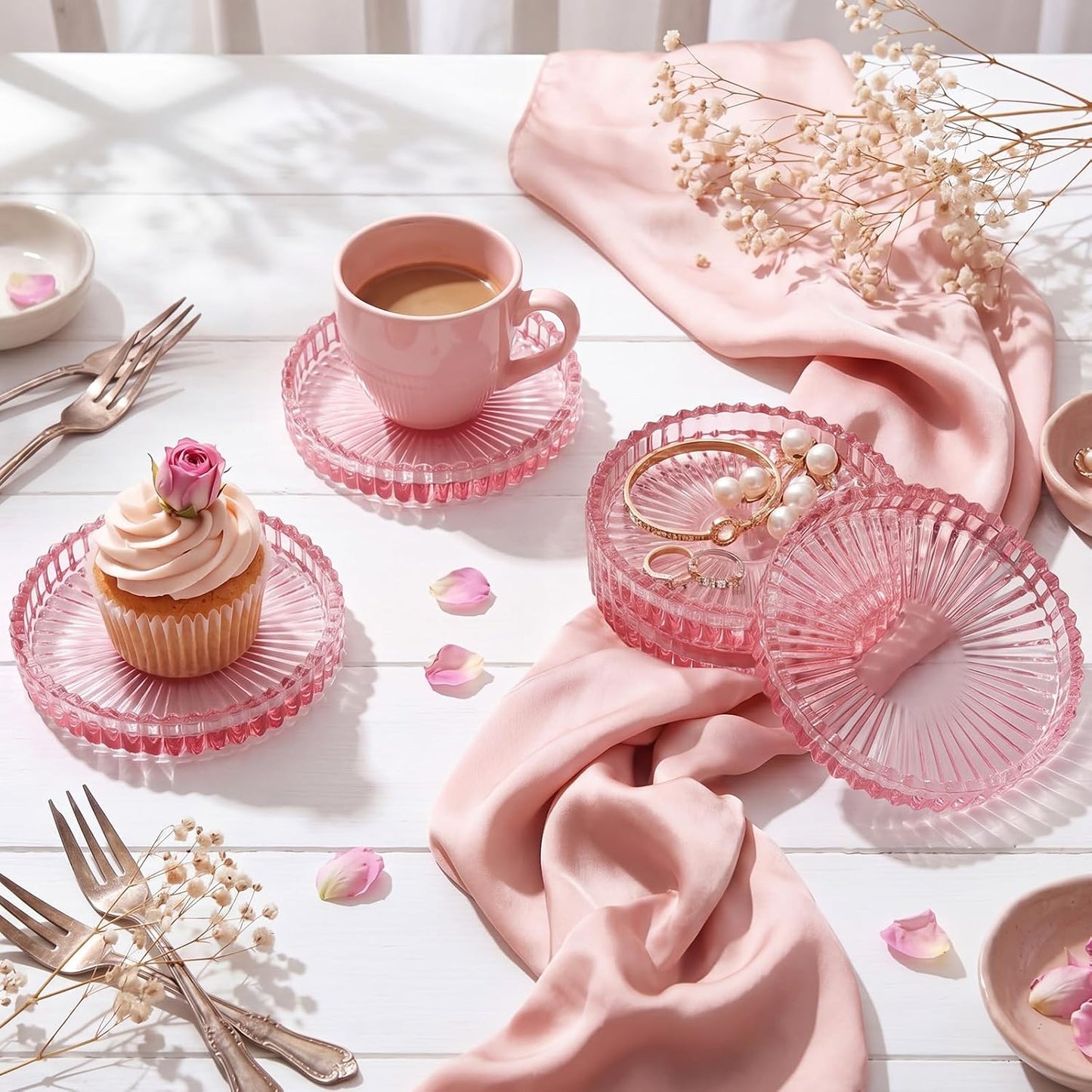 Remerry 8 Pcs Clear Coaster Set with Holder Glass Coasters for Drinks 4 Inch Drinks Crystal Round Cup Coasters Glass Candle Holder for Table Bar Kitchen Restaurant (Pink)