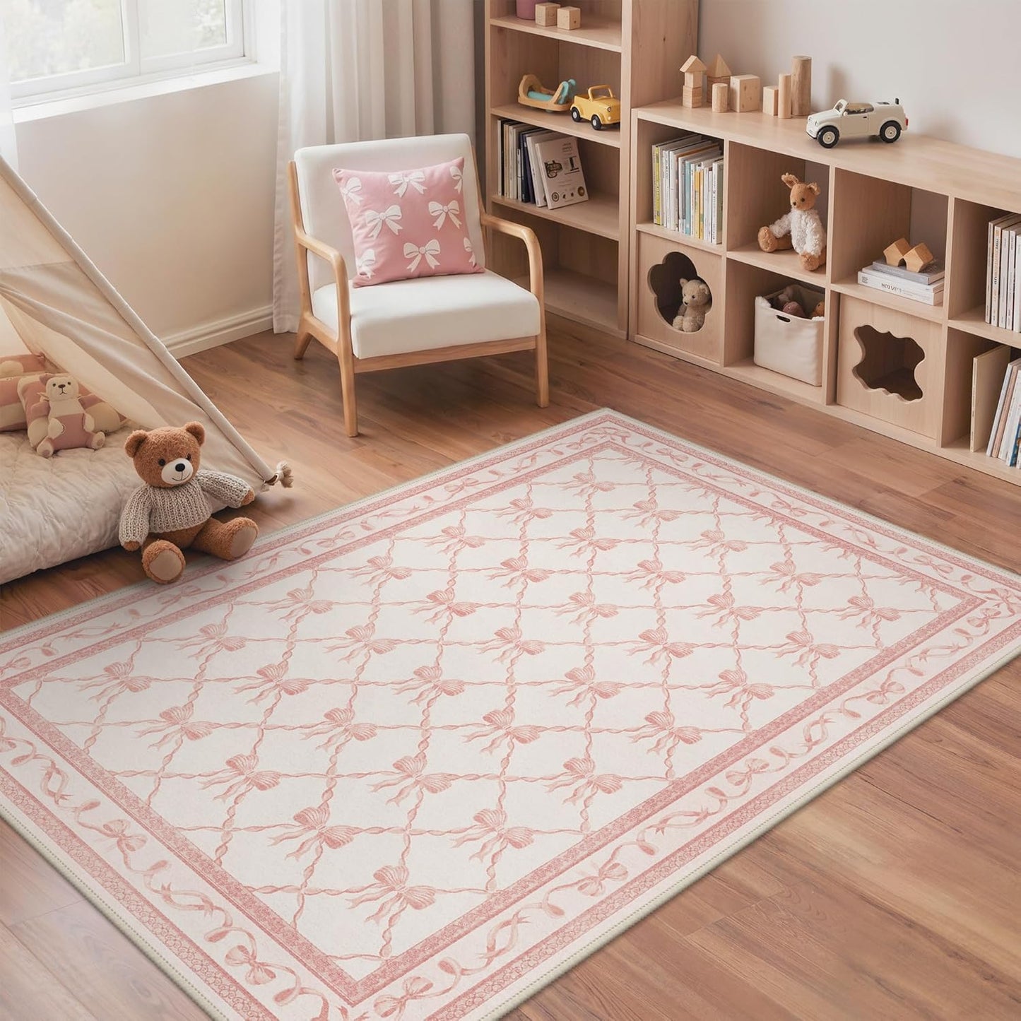 GENIMO Area Rugs 3X5 for Living Room Bedroom, Machine Washable Non Slip Flower Bow Rug, Low Pile Soft Cute Floral Rug for Dining Room Girls Room Nursery Room and Playroom, Pink Bow