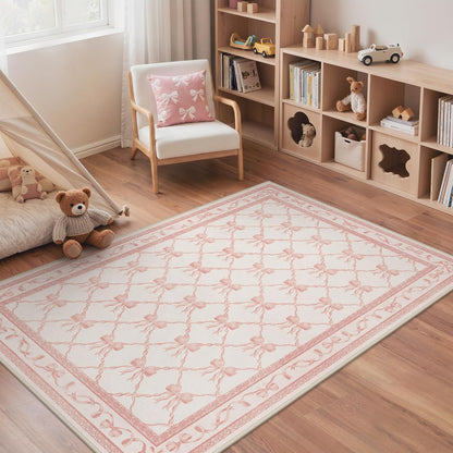 GENIMO Area Rugs 3X5 for Living Room Bedroom, Machine Washable Non Slip Flower Bow Rug, Low Pile Soft Cute Floral Rug for Dining Room Girls Room Nursery Room and Playroom, Pink Bow