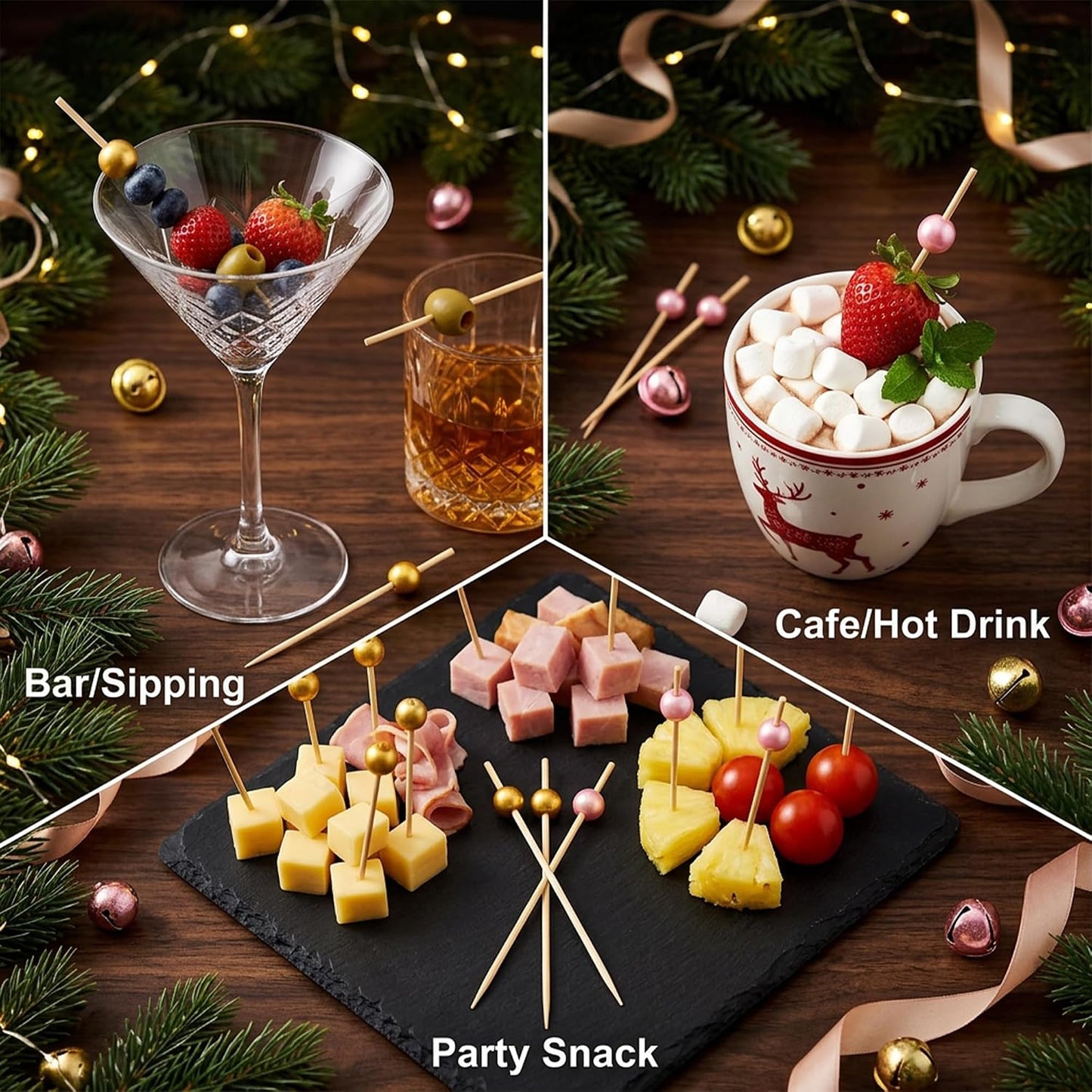 Pearl Bamboo Appetizer Skewers Long Decorative Toothpicks for Charcuterie Fruit Cocktails Fancy Party Picks