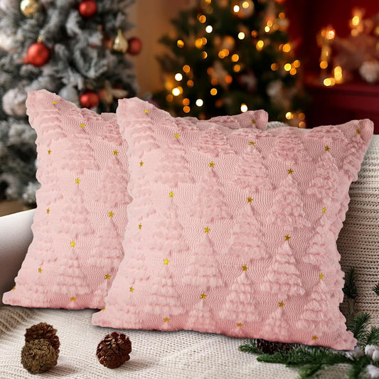 Lanpn Christmas 18x18 Throw Pillow Covers Set of 2, Winter Star Christmas Tree Throw Pillow Cases Soft Plush Faux Fur Wool 18 x 18 Winter Cushion Cover for Indoor Home Bedroom Couch Sofa Decor (Pink)