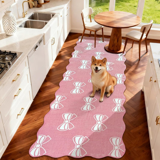 Pink Bow 2x6 Runner Rug for Hallway Entryway, Washable Cute Scalloped Bedside Rug for Living Room, Soft Low Pile Bowknet Rugs for Girls Bedroom Decor, Non Slip Carpet for Dorm Playroom Kitchen