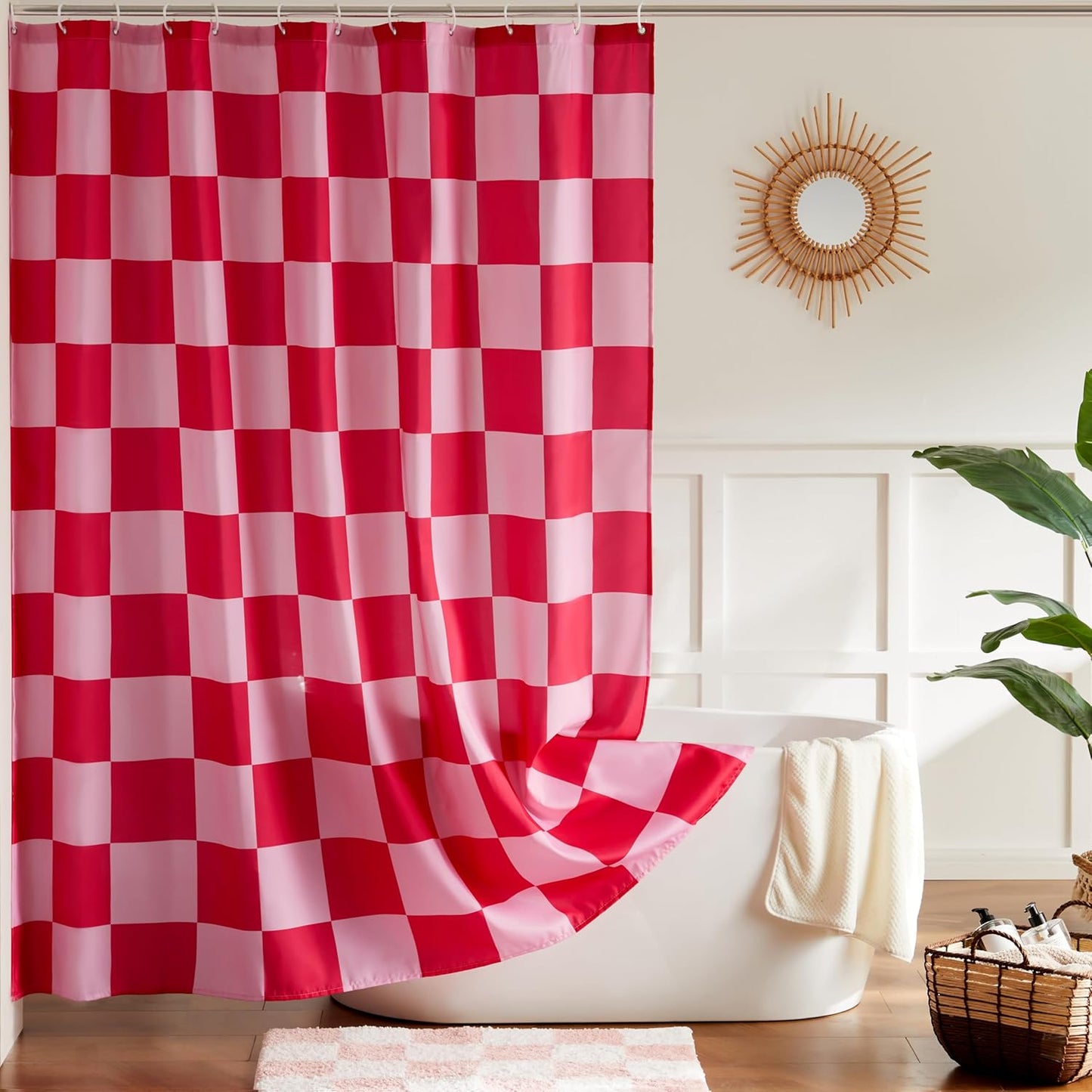 Ohocut Checkered Shower Curtain, Double Pink Plaid Shower Curtains for Bathroom, Cute Retro Checkboard Shower Curtain Vintage Aesthetic, Washable Fabric Bath Curtain 72''x72''