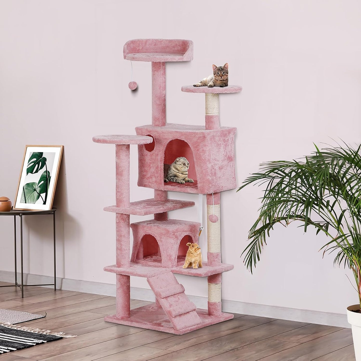 52” Multi-Level Cat Tree Condo Furniture Kitten Activity Play House Bed Pet Kitty Climbing Tower with Scratching Posts/Plush Perch/Scratcher Ladder/Tunnel for Cats,Kittens,Pets (Pink)