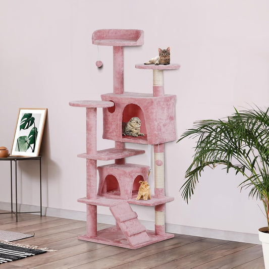 52” Multi-Level Cat Tree Condo Furniture Kitten Activity Play House Bed Pet Kitty Climbing Tower with Scratching Posts/Plush Perch/Scratcher Ladder/Tunnel for Cats,Kittens,Pets (Pink)