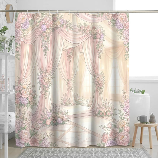 Floral Shower Curtain, Romantic Vintage Curtains Ribbons Spring Pastel Peach Washable with Hooks Bathtub Cloth Curtains for Bathroom Toile Guest Room Decor 72x72 Inch