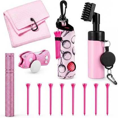 13 Pcs Golf Accessories Kit, Include Golf Ball Bag with Hook Towel Tees Magnetic Ball Marker Divot Tool Cleaner Water Brush Groove Sharpener Tool for Women Man Gifts