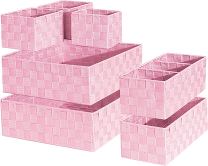 Drawer Organizer, Cube Baskets for Storage Shelves, Handmade Small Woven Basket, Shallow Storage Bins for Organizing Desk, Dresser, Kitchen, Pantry, Nested 7 Pack, Pink