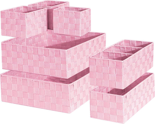 Drawer Organizer, Cube Baskets for Storage Shelves, Handmade Small Woven Basket, Shallow Storage Bins for Organizing Desk, Dresser, Kitchen, Pantry, Nested 7 Pack, Pink