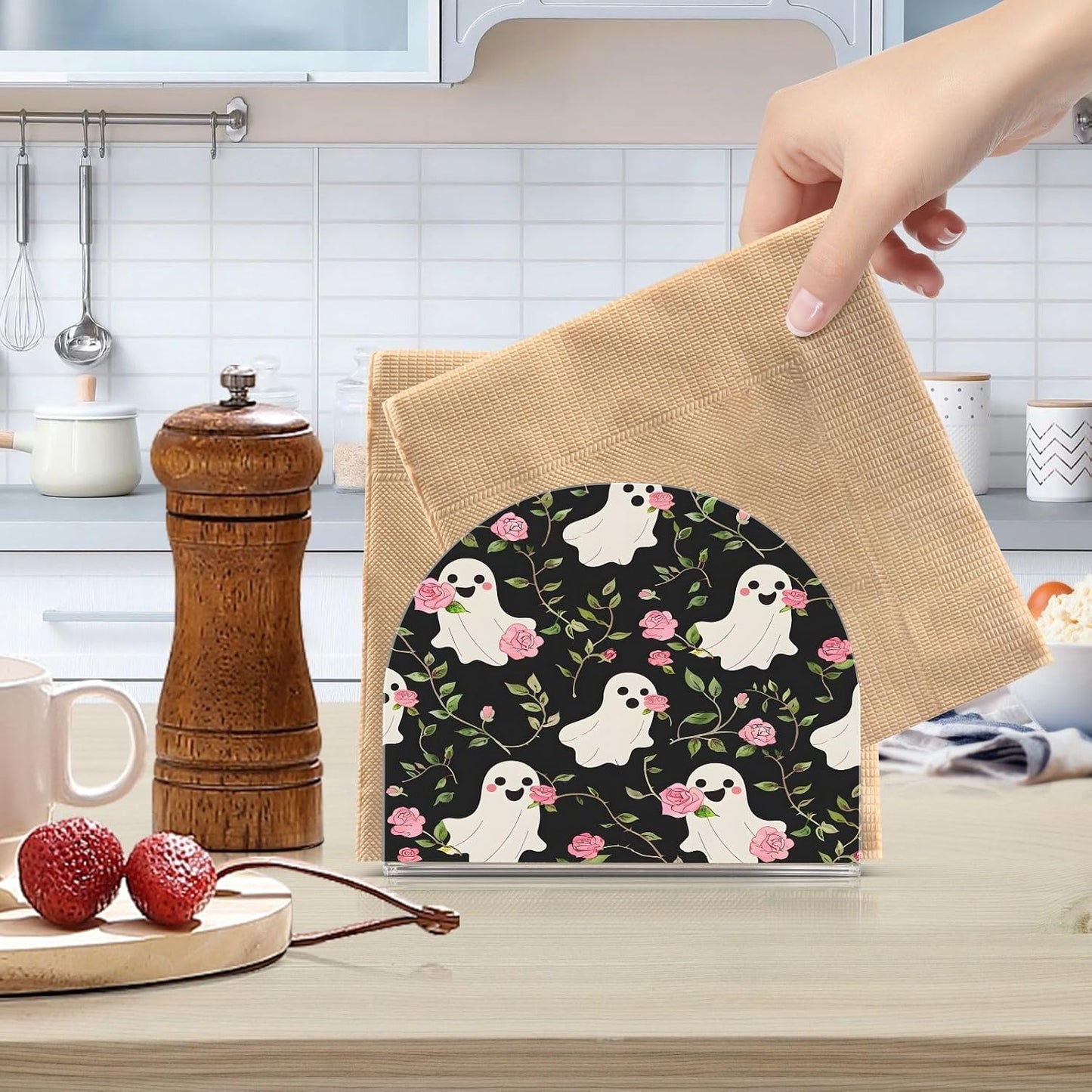 Ghost Pink Rose Pattern Napkin Holder for Table Kitchen Decor Acrylic Paper Napkin Holders for Tissue Dining Room Indoor Outdoor Party Holiday Accessories