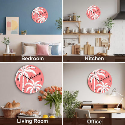 Coastal Palm Tree Wall Clock Battery Operated Non-Ticking 10" Round Wood Clocks, Tropical Plant Coral Pink Kitchen Wall Clock for School Bathroom Living Room Home Office Wall Decor