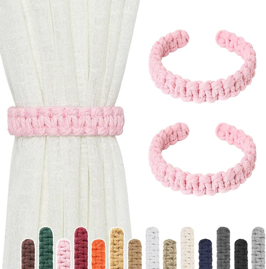 NICEEC 2 Pack Natural Cotton Rope Curtain Tiebacks Farmhouse Rustic Style Decorative Drape Tie Backs Handmade Braided Curtain Holdbacks for Home & Office Sheer/Light Weight Drapery (C-Pink-S)