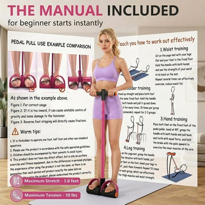 Pedal Resistance Band with Handles, Pink, Upgraded 6-Tube | Pedal Puller for Home Workouts, Full-Body, Core Strength, Arm Training and Leg Exercises
