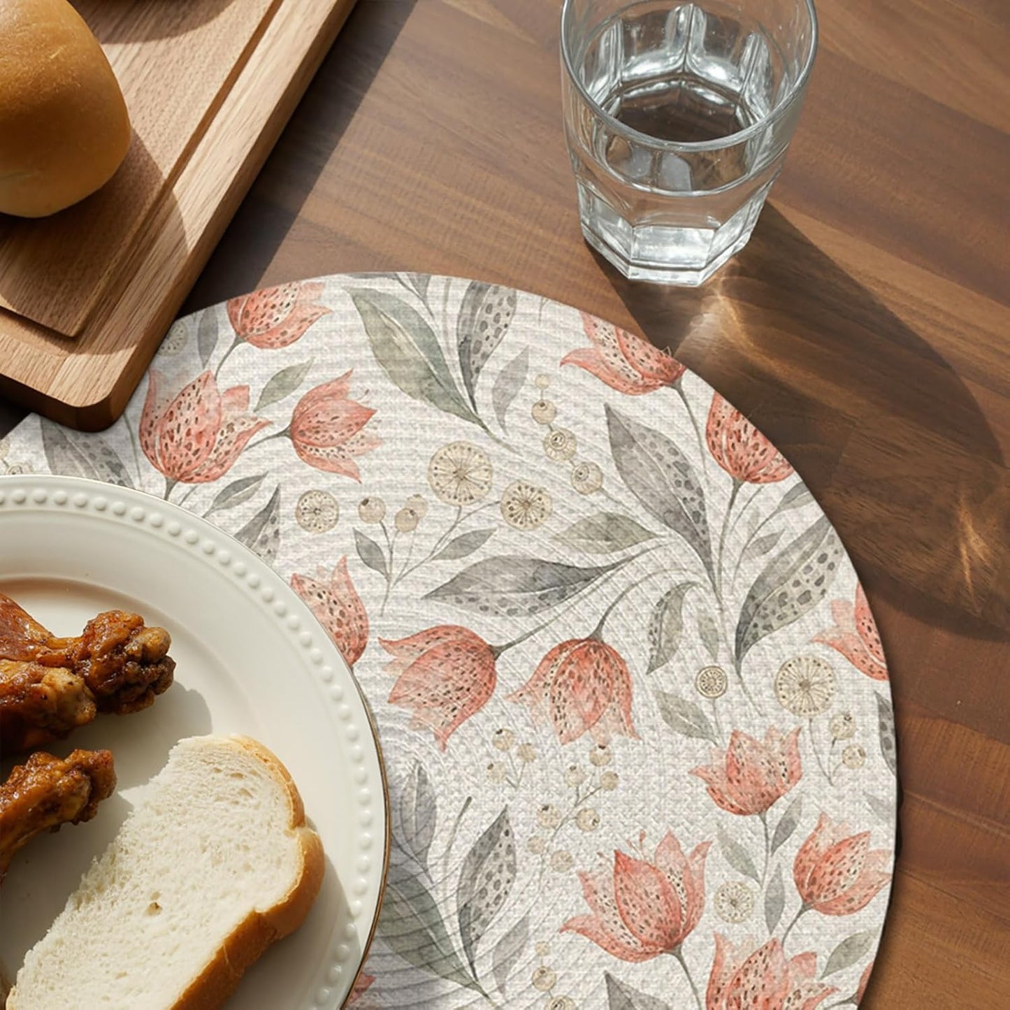Peach Floral Round Placemats Set of 4 for Dinning Tables,Heat-Proof Braided Table Mats 15 Inch,Farmhouse Botanical Garden Flowers Washable Place Mat for Kitchen Restaurant Party Decor Table Setting