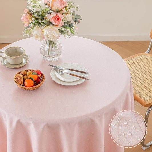 Alsoo Pink Round Tablecloths 60 inch, Linen Textured Table Cloth Waterproof Circle Tablecloth Wrinkle Free Fabric Farmhouse Table Cover for Dining Parties Outdoor Holidays