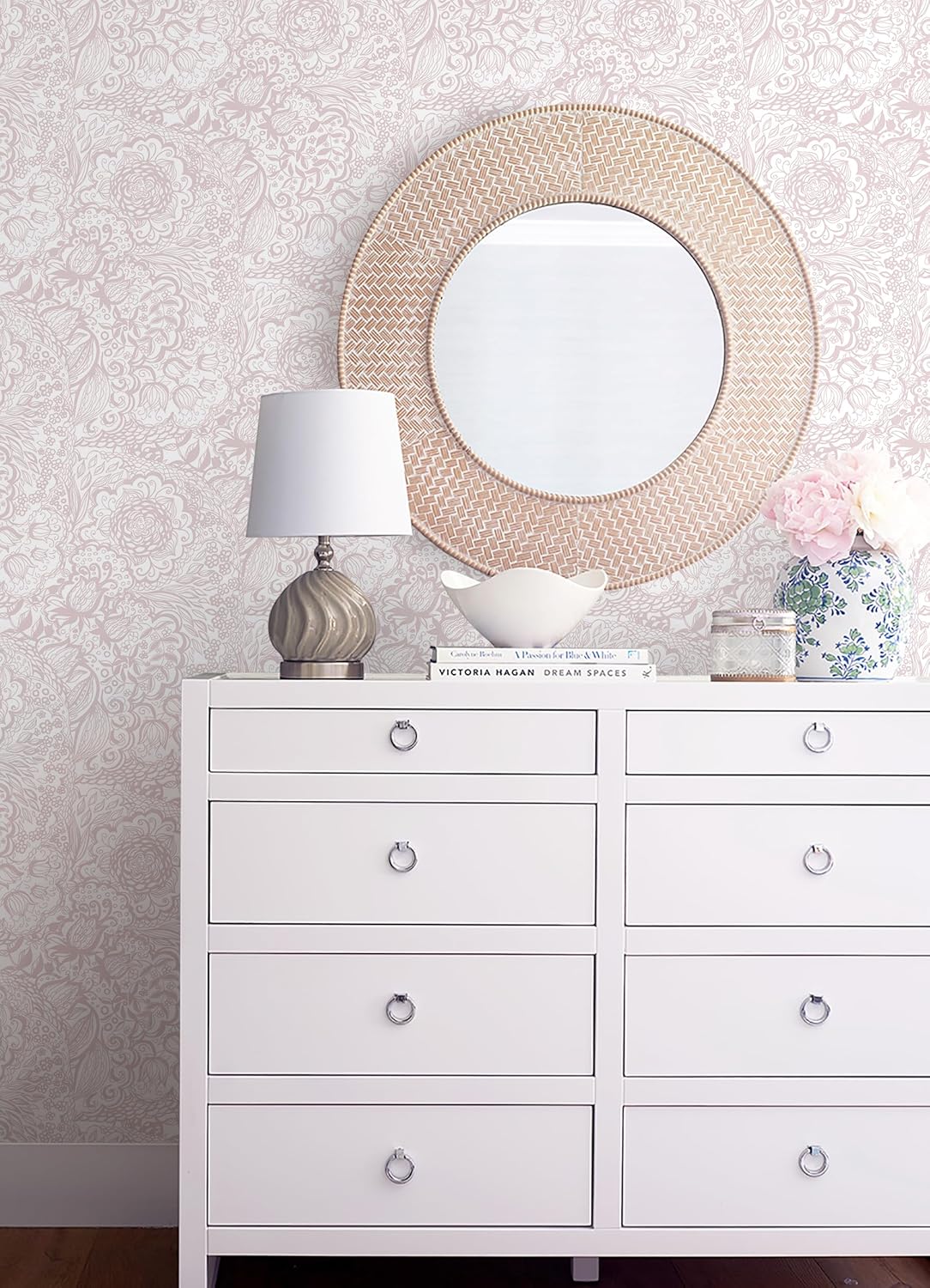 Peel and Stick Wallpaper Boho Pink and White Floral Wallpaper for Bedroom Bathroom Removable Self-adhsive Contact Paper for Cabinets Nursery Shelf Liner 17.3" x 394"