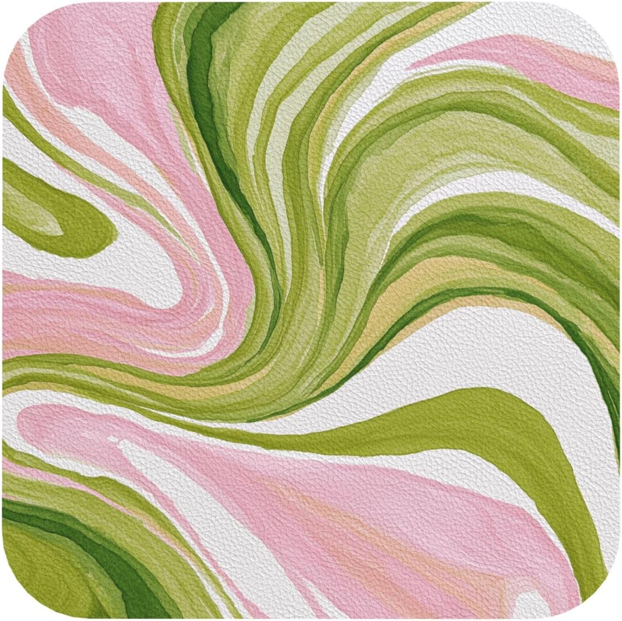 Watercolor Light Pink Green Swirl Marble Drinks Coasters Set of 4 Leather Drink Coasters for Tabletop Protection Heat Resistant Bar Cup Mat Pad