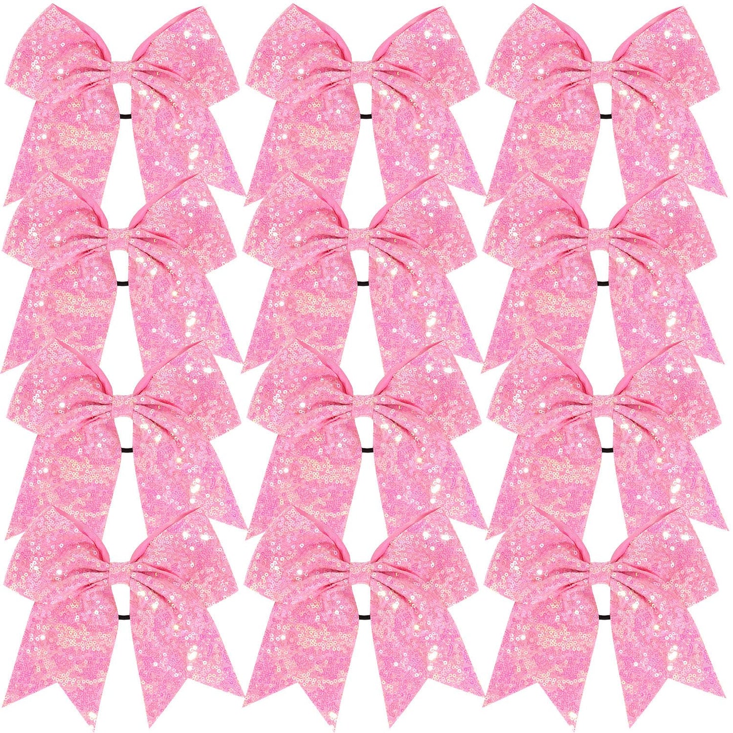 12 Pcs Large Glitter Ponytail Holders - Big 8" Hair Bows and Elastic Hair Ties for Cheerleaders, Sports and Teens (Pink)