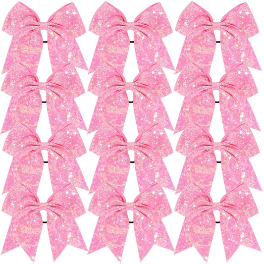 12 Pcs Large Glitter Ponytail Holders - Big 8" Hair Bows and Elastic Hair Ties for Cheerleaders, Sports and Teens (Pink)