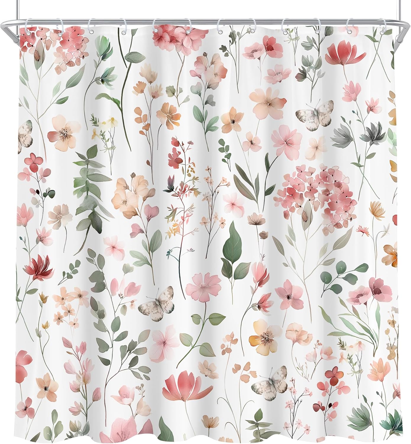 Pink Blush Coral Flower Floral Shower Curtain,Women Girls Wildflower Leaves Leaf Fabric Bathroom Curtains,Botanical Natural Spring Summer Butterfly Cloth Shower Curtain Set with Hooks, 72Wx72H