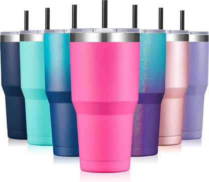 30oz Stainless Steel Tumbler, Insulated Coffee Tumbler Cup with Lid and Straw, Double Walled Travel Coffee Mug for Hot & Cold Drinks (Bright Pink, 1 Pack)