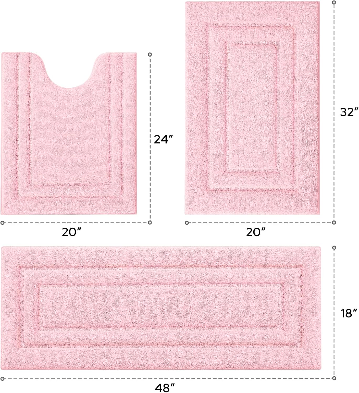 HOMEIDEAS Bathroom Rugs Sets 3 Piece, Microfiber Shaggy Bath Mat Set, Non-Slip Ultra Soft Carpet Mats, Large Rugs with U-Shaped Toilet for Bathroom, Tub, Shower,Pink