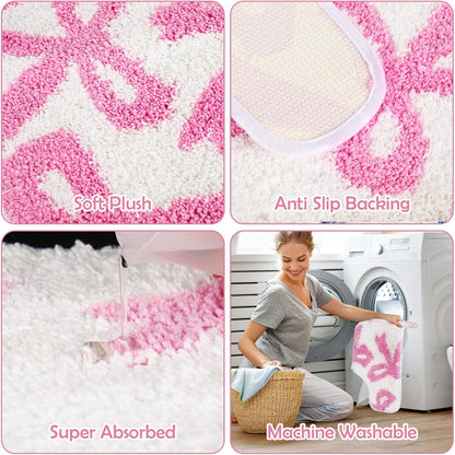 FYSUIMU Pink Bow Bathroom Rug U Shaped Toilet Rug Coquette Bowknot Tufted Bath Mat Non Slip Washable Floor Mat for Home Hotel Bathroom Restroom Decor