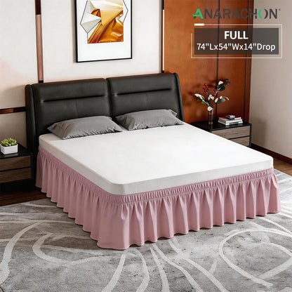 ANARACHON Full Bed Skirt, Elastic Wrap Around Bed Skirt Full Size, Bed Skirts for Adjustable Bed, Easy Fit with 14" Drop Length Tailored Drop Dust Ruffle (Pink)