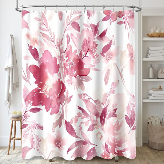 MAYZUS Pink Flower Shower Curtain, Hot Pink Watercolor Floral Shower Curtains for Bathroom, Modern Abstract Ink Decorative Fabric Shower Curtain Set with Hooks 72x72