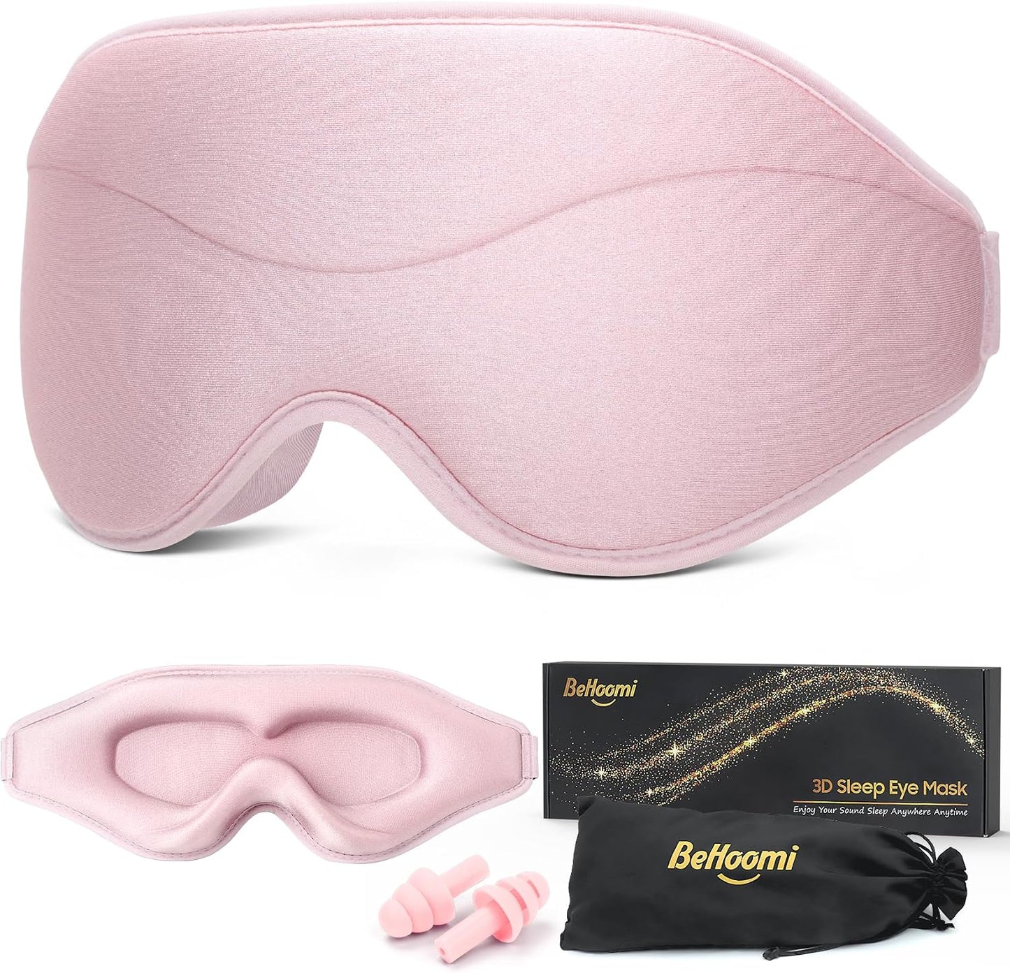 BeHoomi Sleep Mask, Premium Eye Mask for Sleeping, Total Blackout, Super Soft Comfort, Adjustable Fit, Upgraded 3D Ergonomic Designed Sleeping Mask for Home, Office, Travel, Meditation, Yoga, Pink
