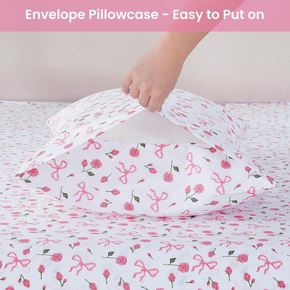 Softan Pink Floral Full Bed Sheets, Cozy Microfiber Flower Printed Sheets with 15" Deep Pocket Fitted Sheet & Non-Slip Straps, Patterned Pink Rose - Bow Sheets & Pillowcase Set