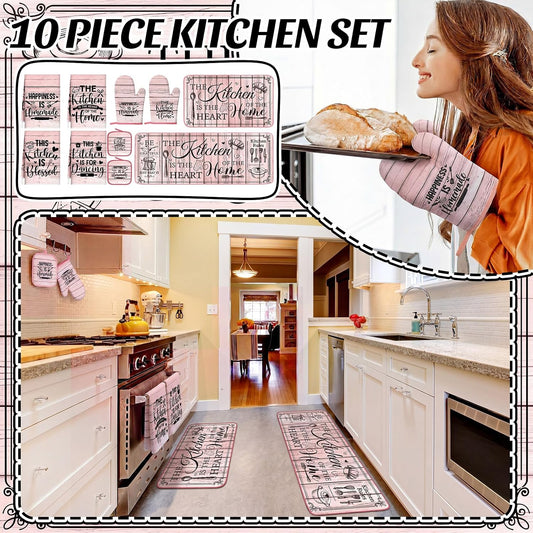 Fourluoo 10 Pcs Farmhouse Pink Kitchen Decor and Accessories Set Kitchen Towels and Rugs Pot Holders Oven Mitts for Cooking Baking Mom Housewarming Gifts