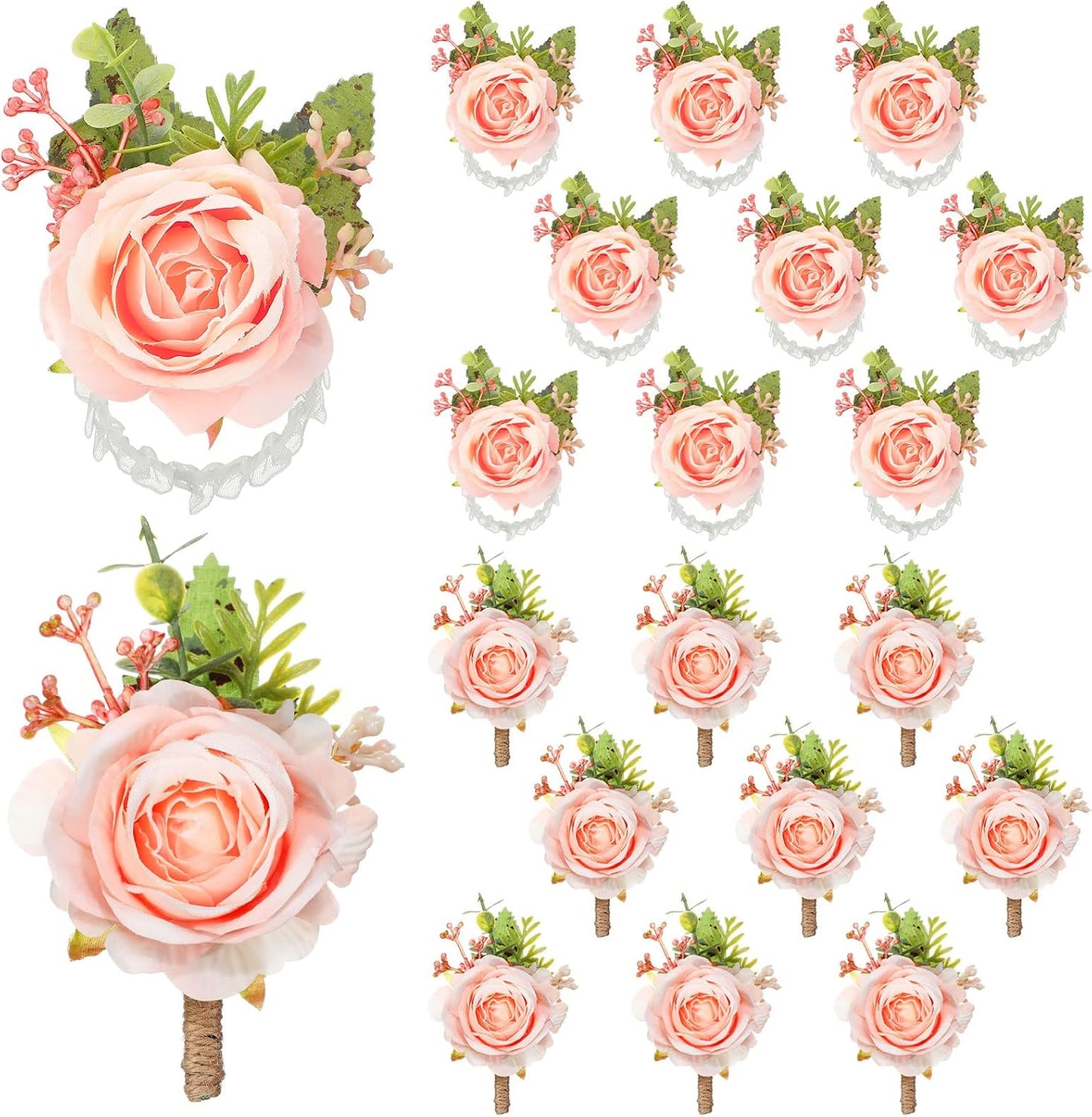 Sherr 20 Pcs Rose Wrist Corsage and Boutonniere Set Flower Wrist Corsage Wristlet Band Bracelet Bridegroom Men's Boutonniere Wedding Wristlet Hand Flower for Prom Party Bouquets (Pink)