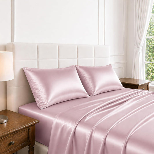 Full Size Satin Sheets 4 Piece Silky Bed Sheet Set with Smooth Silky Fabric Breathable Deep Pocket Bedding for Hair and Skin Summer Hot Sleepers Dorm Bedroom Decor Pink
