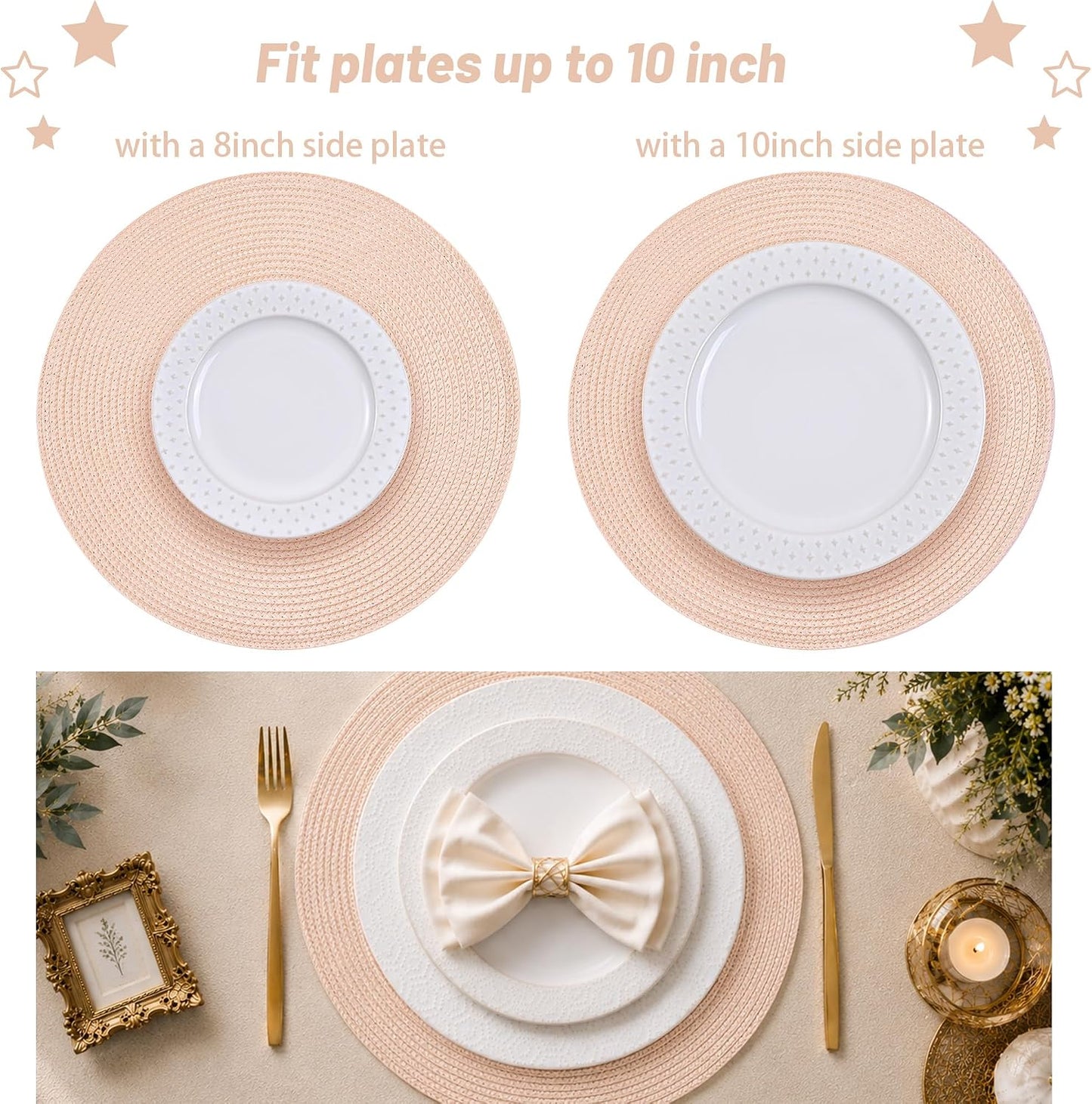 Feuille Round Braided Placemats Set of 4 14 Inch Dusty Pink Woven Placemats for Dining Table Washable Non-Slip Table Mats for Kitchen Farmhouse and Indoor Outdoor Dining