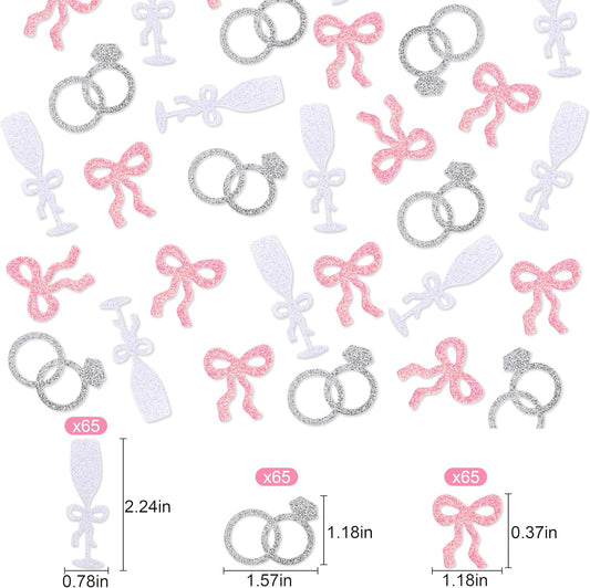 Shes Tying the Knot Bachelorette Confetti - 195PCS Bows, Rings and Champagne Flutes Bridal Shower Confetti, Pink Bow Coquette Bachelorette Decorations