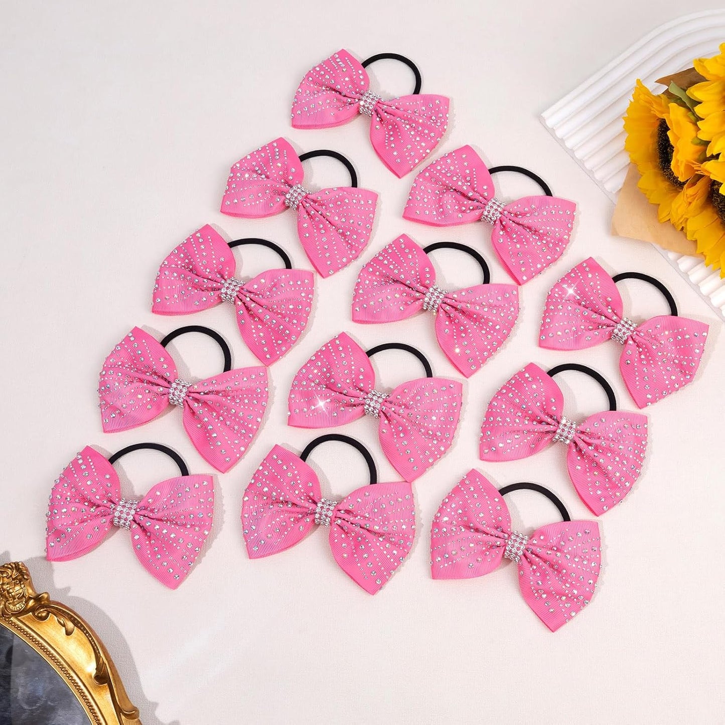 OAOLEER 12PCS Glitter Cheer Hair Bows for Cheerleading, Cheer Bow with Ponytail Holder for Teen Girls Cheerleader (Pink)