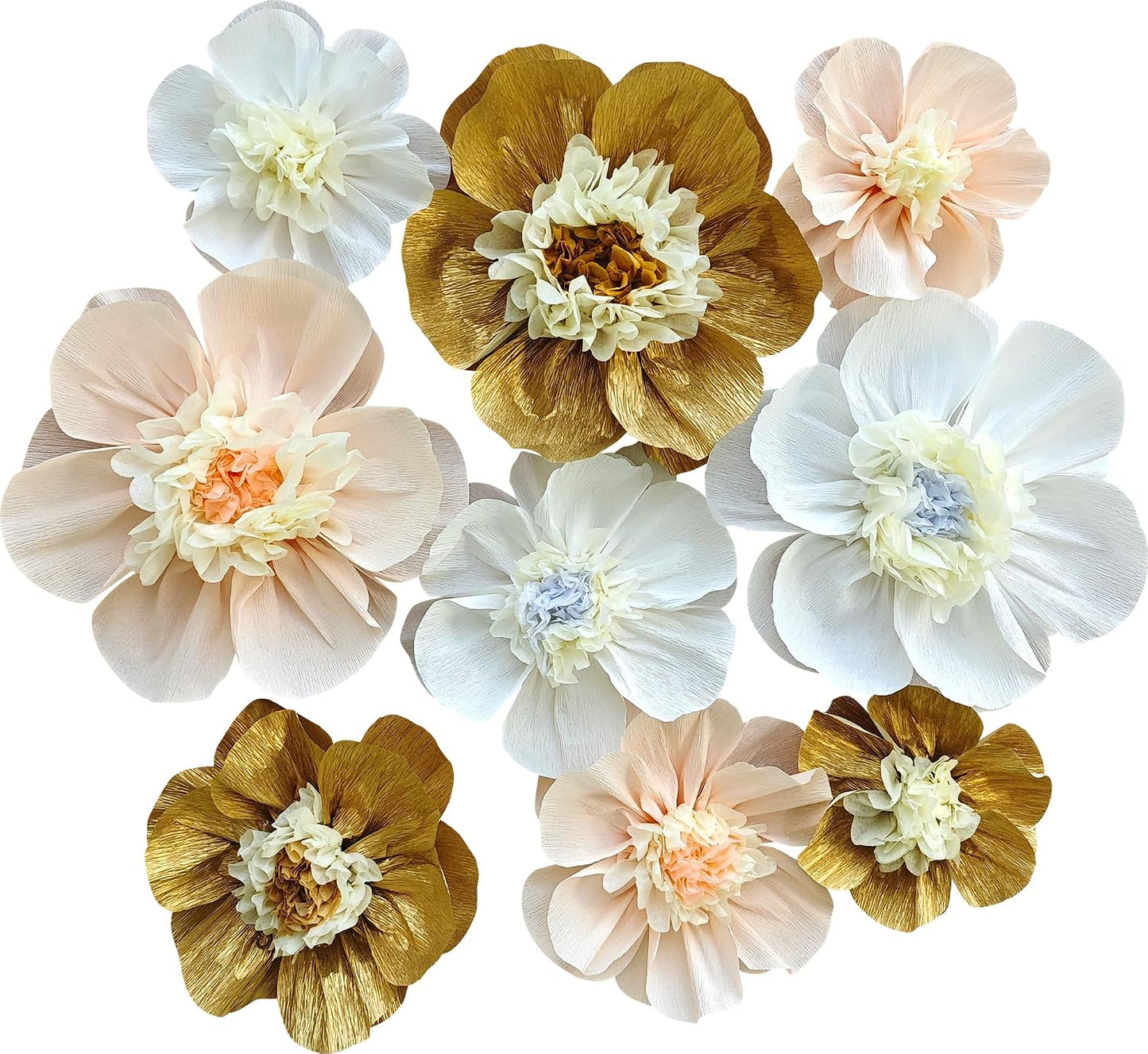 Mybbshower Crepe Paper Flower for Wall Psprt Pom Pom Decor Girls Birthday Party Backdrop Baby Shower Nursery Room Decoration Pack of 9 (Peach Gold White)
