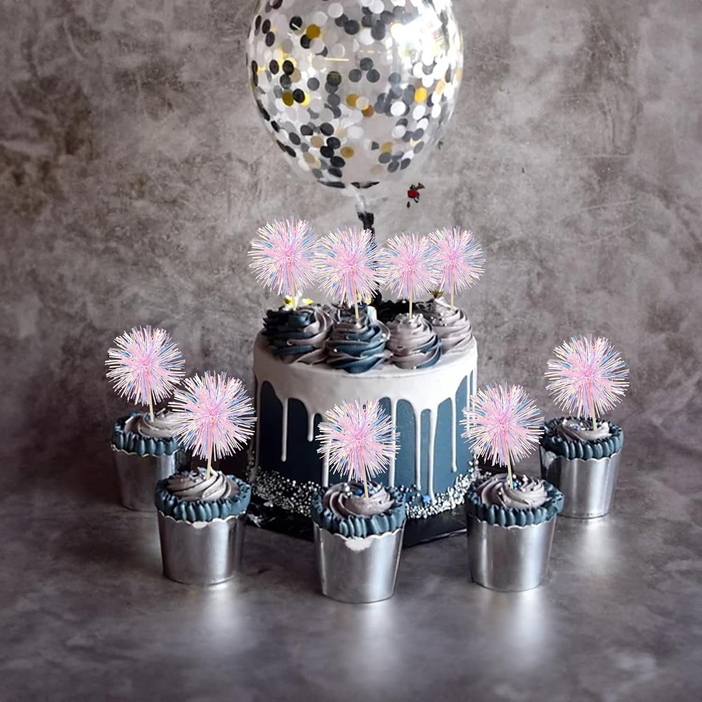 Ephlyn 30Pcs Foil Firework Cupcake Toppers Happy Birthday Cake Toppers Tinsel Flower Drink Stirrers Cocktail Food Fruit Toothpicks for Valentine's Day Party Decorations Pink