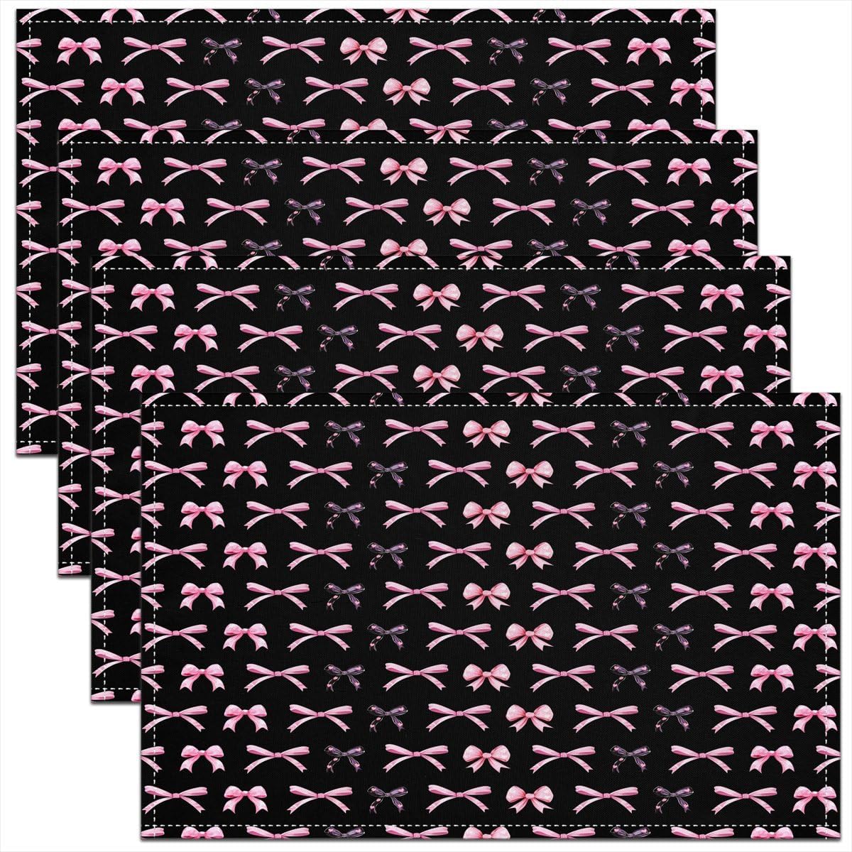 Feelyou Pink Bow Placemats Set of 4 Cute Bowknot Table Mats for Party Kitchen Dining Decoration Holiday Seasonal Grils Bow Knot Place Mat for Dinner Table Indoor Outdoor 18"x12" Non-Slip Easy to Clean