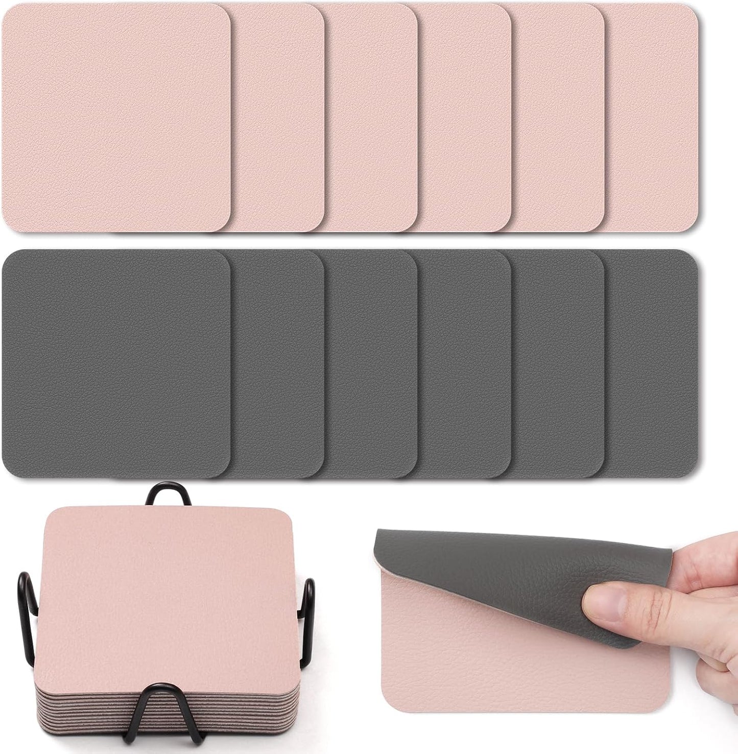 Myir JUN Coasters Glass Coasters Set of 12 4 inch Double Sided Faux Leather Coaster Waterproof Non-Slip Easy to Clean with Coaster Holder(Gray Pink)