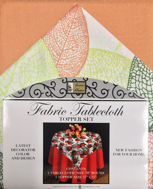 Better Home 2-Piece Fabric Topper Set, 70" Round Tablecloth Solid Color, 35"x35" Square Decorative Topper, Leaves ~ Peach