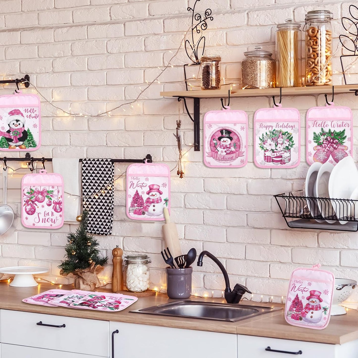 Jingmore 12 Pcs Pink Christmas Pot Holders with Pocket Hello Winter Snowflake Pot Holders Gift Bulk Snowman Gnome Heat Resistant Hot Pads Oven Mitts Cute Oven Gloves for Xmas Kitchen Baking Cooking