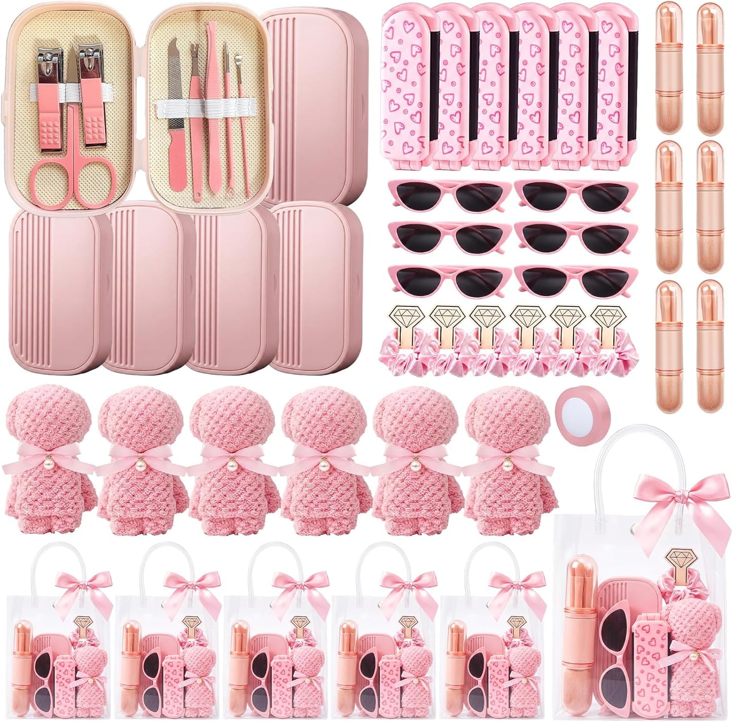 6 Sets Baby Shower Prizes for Guests, Pink Party Favor Gift Sets with Sunglasses, Makeup Brushes, Nail Kits, Hair Ties, Combs, Towels and Gift Bags for Bridesmaids, Wedding, Bridal Shower