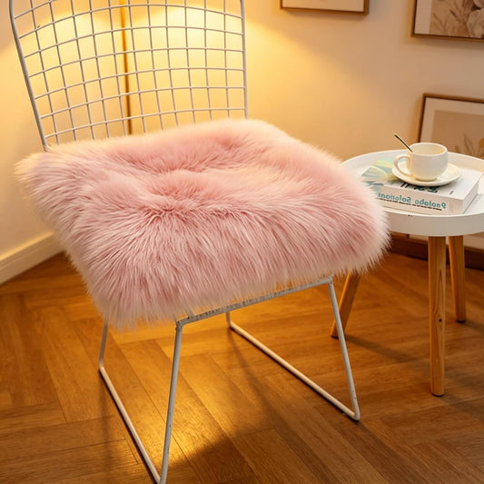OKAYDA 2-Pack 18" Fuzzy Square Faux Sheepskin Chair Covers - Plush & Non-Slip Seat Cushion Pad for Dining, Office, Vanity Chairs, Fluffy Soft Faux Fur Rug for Living Bedroom, Home Decor (Pink)